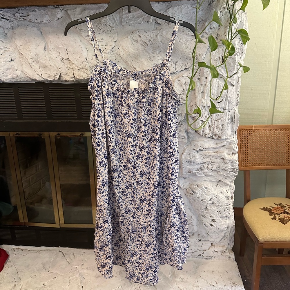 blue floral sundress with adjustable spaghetti straps